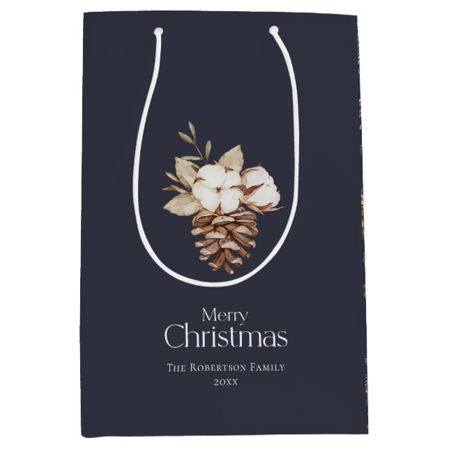 Elegant Winter Medium Gift Bag with Pinecones (Front)