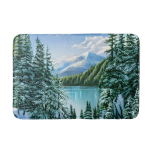 Elegant Winter Mountain Lake Pine Trees Nature Bath Mat