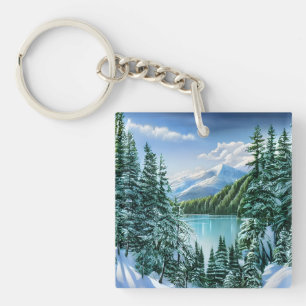 Elegant Winter Mountain Lake Pine Trees Nature  Keychain