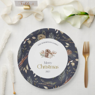 Elegant Winter Paper Plates with Pinecones