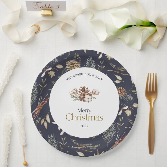 Elegant Winter Paper Plates with Pinecones (Wedding)