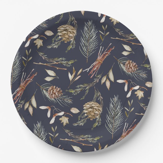 Elegant Winter Paper Plates with Pinecones (Front)