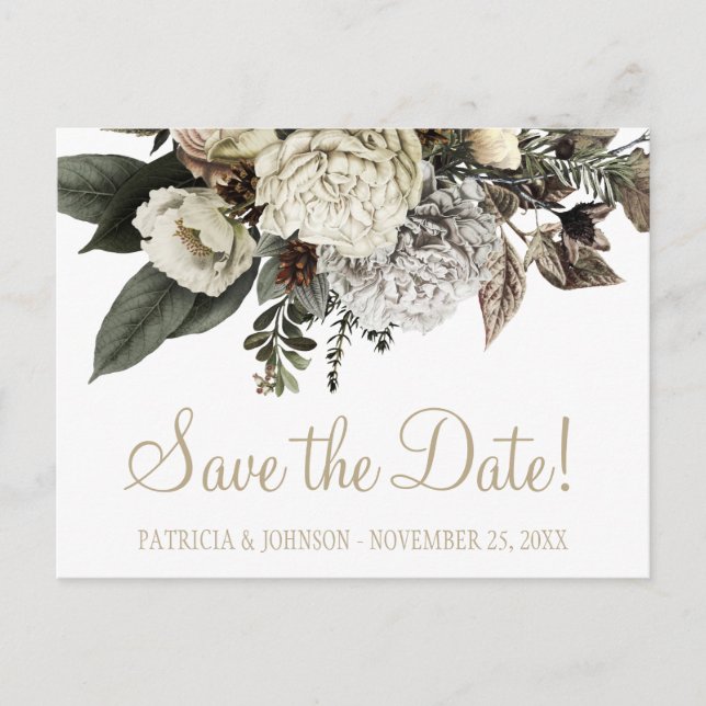 Elegant winter peonies gold save date wedding announcement postcard (Front)