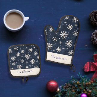 Elegant Winter Personalized Navy Snowflake Oven Mitt & Pot Holder Set
