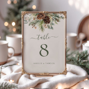 Elegant Winter Pine Greenery Botanical Wedding Table Number
