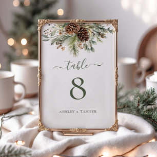Elegant Winter Pine Greenery Botanical Wedding Table Number