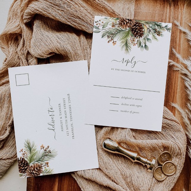 Elegant Winter Pine Greenery RSVP Postcard (Creator Uploaded)
