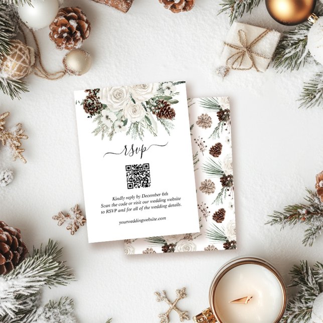 Elegant Winter Pine QR Code Wedding RSVP Enclosure Card (Creator Uploaded)