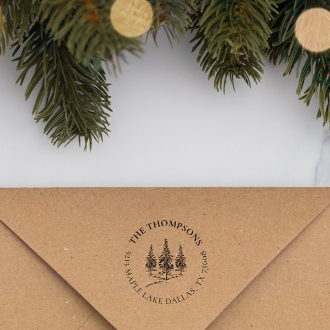 Elegant Winter Pine-trees Custom Family Address Rubber Stamp (Creator Uploaded)