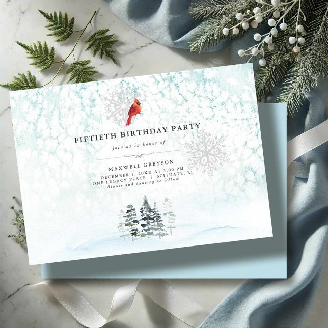Elegant Winter Pines Watercolor Birthday Invites (50th Birthday invitations winter wonderland pine trees, cardinal and snow)