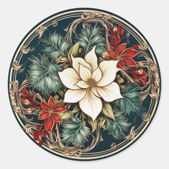 Elegant Winter Poinsettia Blooms Classic Round Sticker (Front)