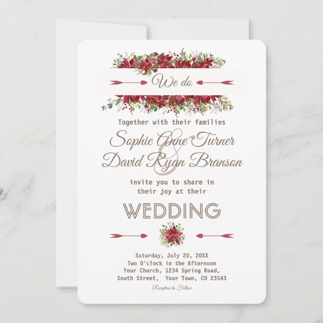 Elegant Winter Poinsettia Flowers Wedding Invite (Front)
