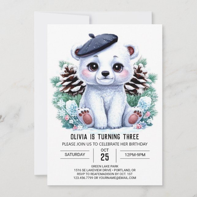Elegant Winter Polar Bear Digital Birthday Invitation (Front)