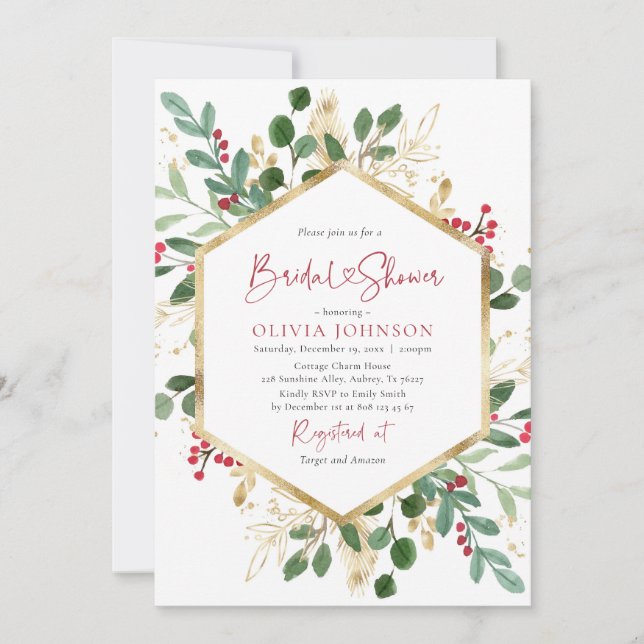 Elegant Winter Red Gold Christmas Bridal Shower Invitation (Front)