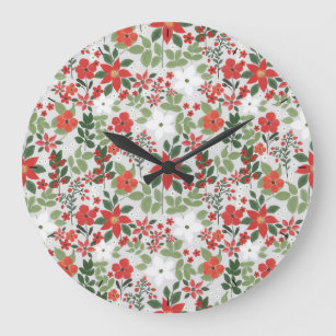 Elegant Winter Red White Floral Painting Large Clock