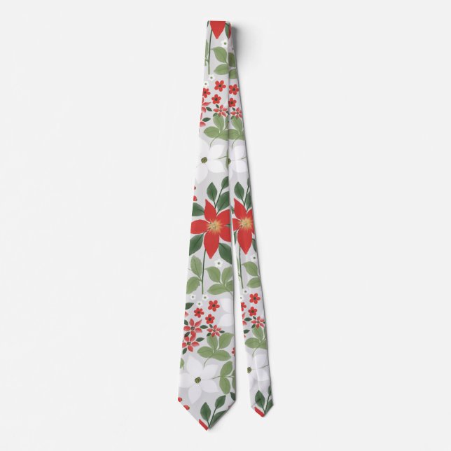 Elegant Winter Red White Floral Painting Tie (Front)