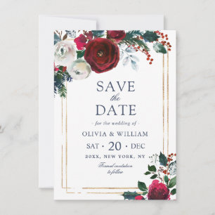 Elegant Winter Roses Foliage Watercolor Wedding Save The Date