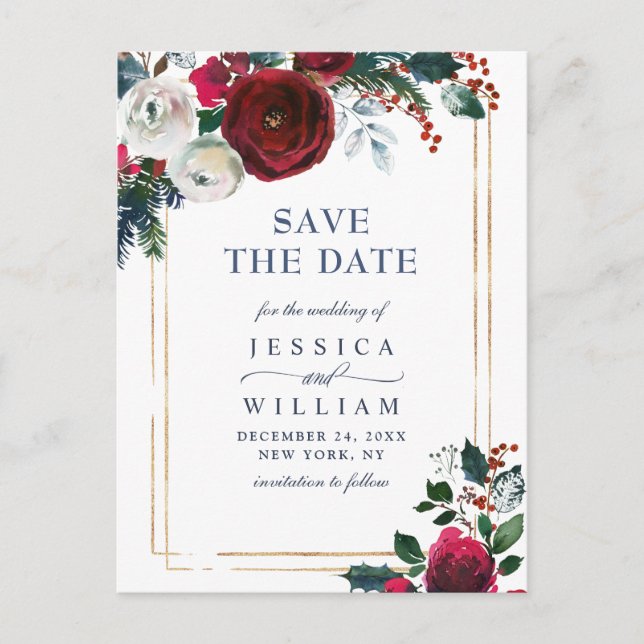 Elegant Winter Roses Foliage Wedding Save the Date Announcement Postcard (Front)