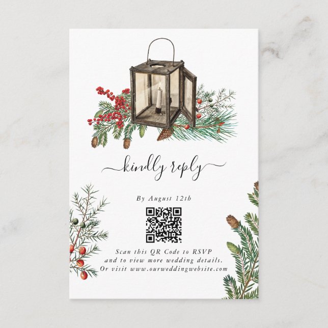 Elegant Winter Rustic Pine Trees Lantern Wedding Enclosure Card (Front)