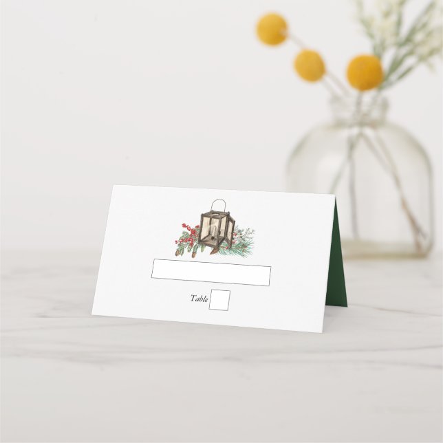 Elegant Winter Rustic Pine Trees Lantern Wedding Place Card (Front)