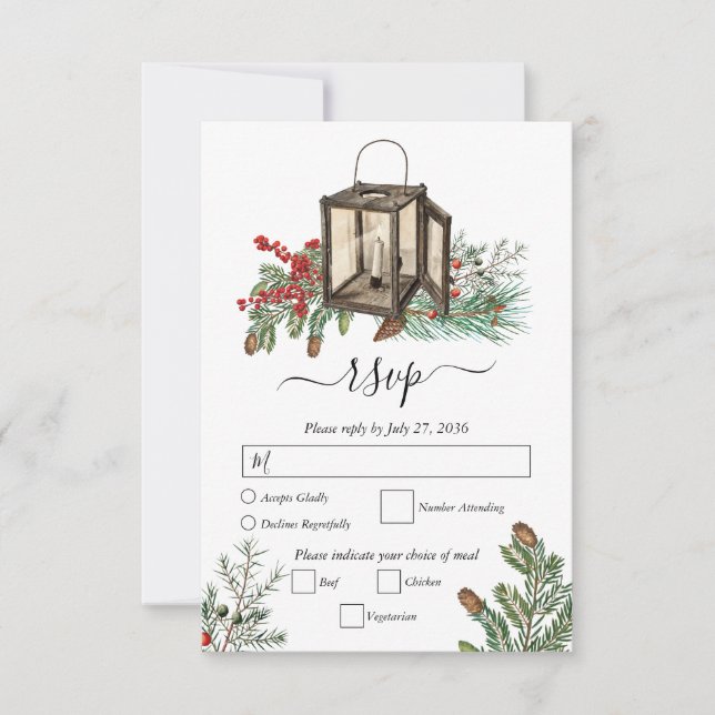 Elegant Winter Rustic Pine Trees Lantern Wedding RSVP Card (Front)