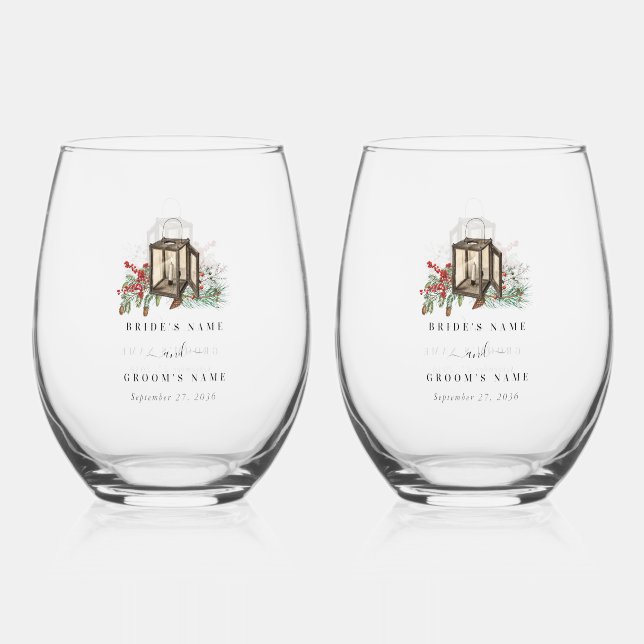 Elegant Winter Rustic Pine Trees Lantern Wedding Stemless Wine Glass (Front)