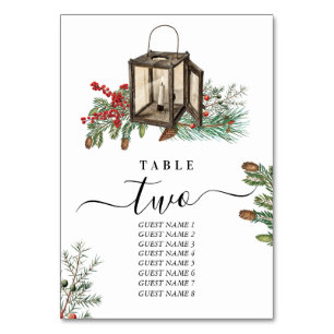 Elegant Winter Rustic Pine Trees Lantern Wedding Table Number