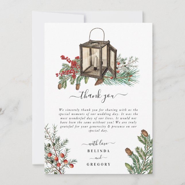 Elegant Winter Rustic Pine Trees Lantern Wedding Thank You Card (Front)