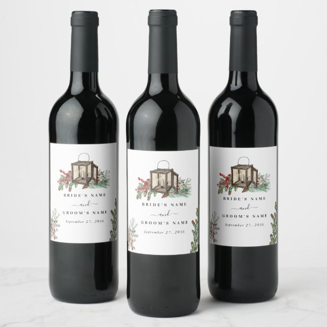Elegant Winter Rustic Pine Trees Lantern Wedding Wine Label (Bottles)