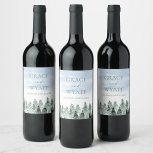 Elegant Winter Snow Green Pine Trees Wedding Wine Label