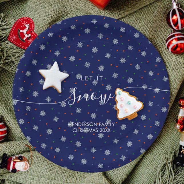 Elegant winter snowflakes custom paper plate (Let it snow custom blue Christmas plate with snowflakes and personalized text.)
