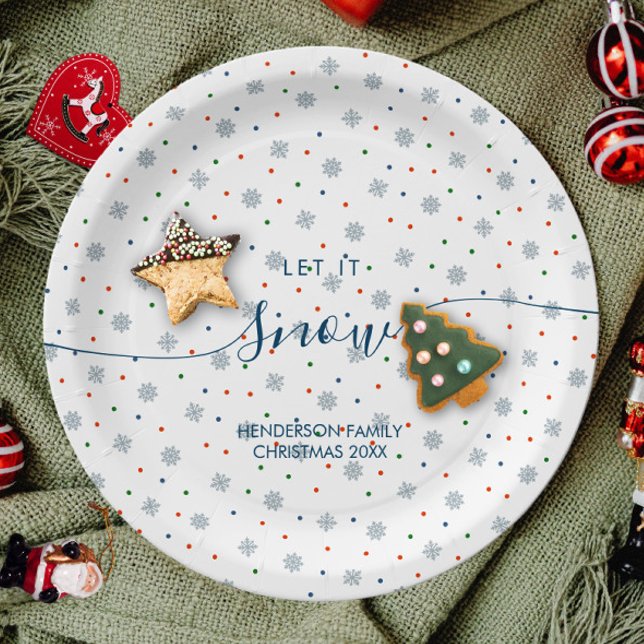 Elegant winter snowflakes custom paper plate (Let it snow custom Christmas plate with snowflakes and personalized text.)