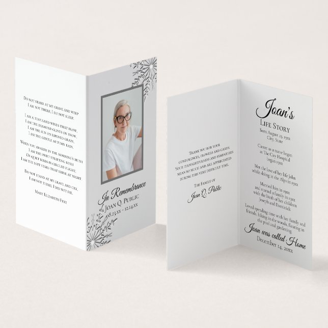 Elegant Winter Snowflakes Funeral Memorial Prayer Business Card (Inside and Outside)