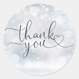 Elegant Winter Snowflakes Heart Script Thank You Classic Round Sticker