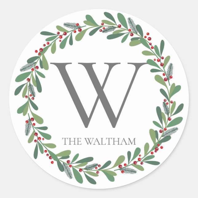 Elegant Winter Sprigs Monogram Christmas Holiday Classic Round Sticker (Front)