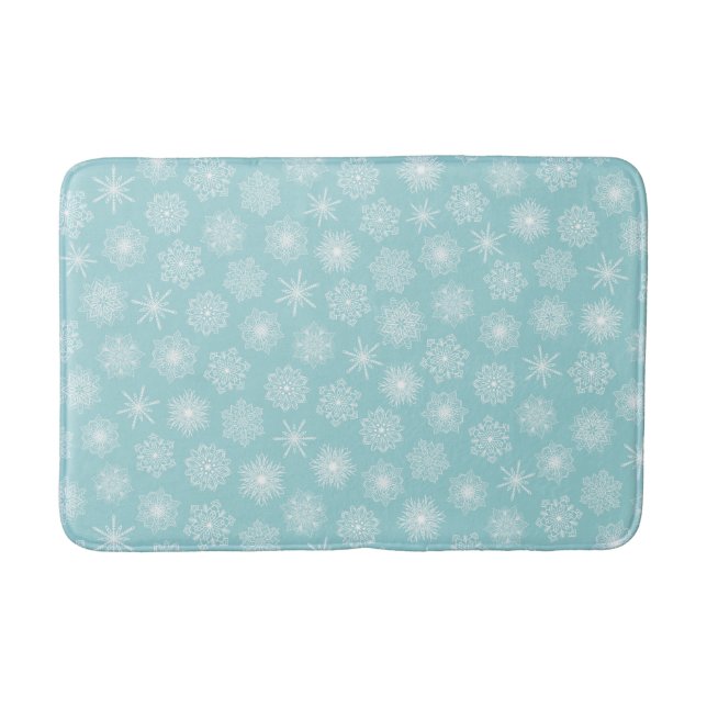 Elegant Winter Teal Aqua Blue Snowflakes Bath Mat (Front)