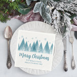 Elegant Winter Trees Annual Family Christmas Party Napkin<br><div class="desc">An elegant row of winter fir trees and snowflakes above your personalized Merry Christmas script and your family last name in pretty blue below the snow filled forest. Modern annual holiday family party napkins with your custom message.</div>