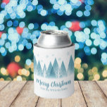 Elegant Winter Trees Custom Blue Christmas Party Can Cooler<br><div class="desc">An elegant row of winter fir trees and snowflakes above your personalized Merry Christmas script and your family last name in pretty blue below the snow filled forest. Modern holiday party can coolers with your custom message.</div>