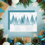 Elegant Winter Trees Custom Blue Christmas Party Invitation<br><div class="desc">An elegant row of winter fir trees and snowflakes above your personalized Merry Christmas script and your family last name in pretty blue below the snow filled forest. Modern family holiday party invitation with your custom script.</div>