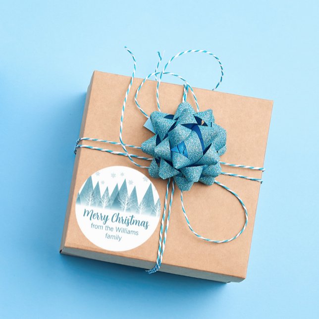 Elegant Winter Trees Custom Blue Merry Christmas Classic Round Sticker (Creator Uploaded)