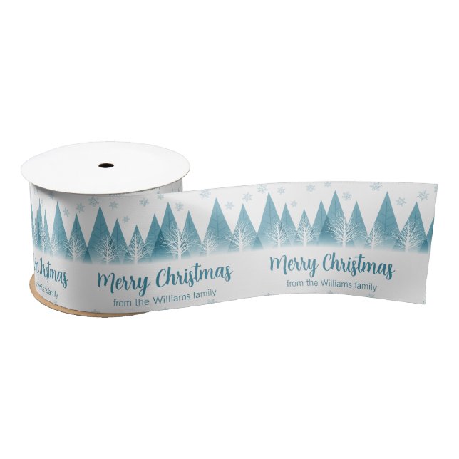 Elegant Winter Trees Custom Blue Merry Christmas Satin Ribbon (Spool)