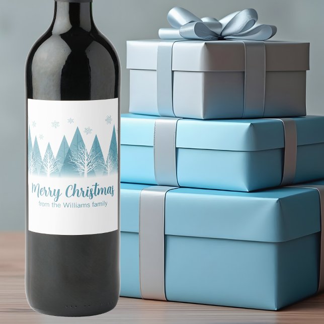 Elegant Winter Trees Custom Blue Merry Christmas Wine Label (Creator Uploaded)