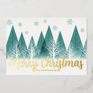 Elegant Winter Trees Custom Merry Christmas Gold Foil Holiday Card