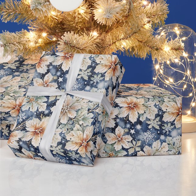 Elegant Winter Watercolor Cream Poinsettia & Snow Wrapping Paper (Holidays)