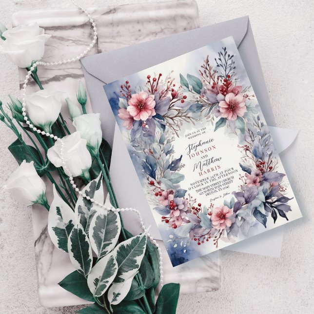 Elegant Winter Watercolor Floral Berries Wedding Invitation (Creator Uploaded)