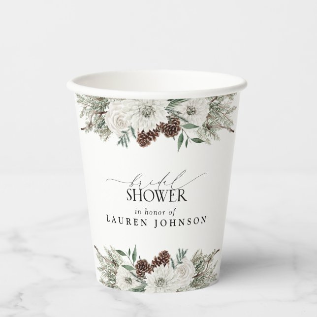 Elegant Winter Watercolor Floral Bridal Shower Paper Cups (Front)