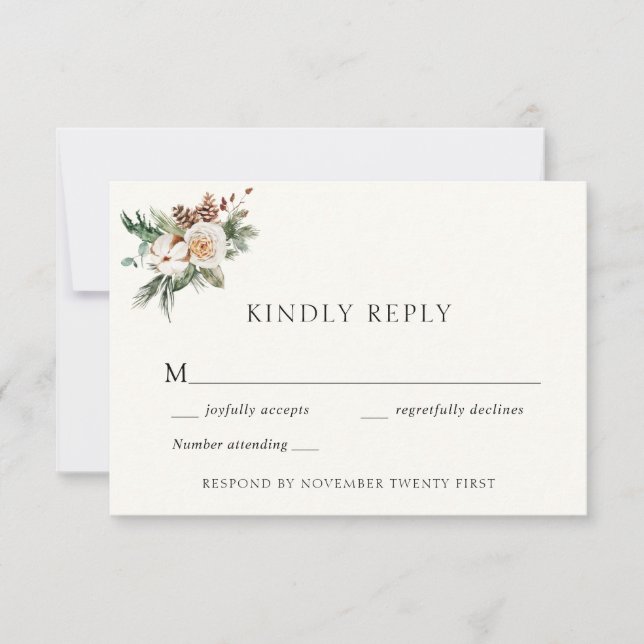 Elegant Winter Wedding Greenery Response Card (Front)