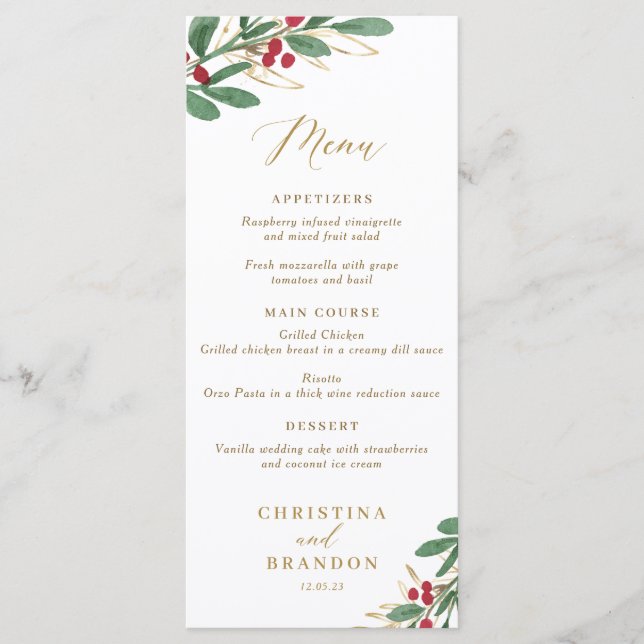 Elegant Winter Wedding Menu or Christmas Menu (Front)