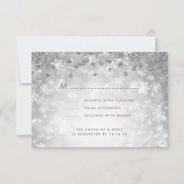 Elegant Winter Wedding RSVP Glitter Silver  (Front)