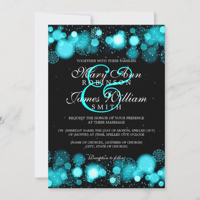 Elegant Winter Wedding Turquoise Lights Invitation (Front)